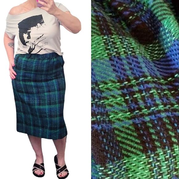 VTG Green Blue Plaid High Rise Pull On Wool Blend Midi Skirt Size 14 (*Large) - Picture 1 of 15